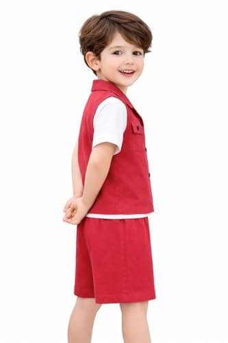 3BROS Kids Cotton Shirt Shorts Set for Boys Kids Clothing/Boys Clothing Set (Party/Festive) Wear (Red, 3-4 Years) 3