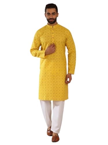 KRAFT INDIA Men Floral Printed Geometric Cotton Blend Straight Yellow Kurta With White Elastic Waistband Pyjama Set (XL)