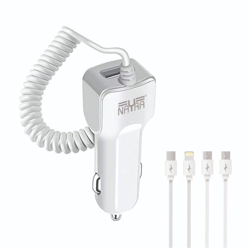 NAYRA 4-in-1 Fast Car Charger, 3.4A High-Speed Charging, Universal Compatibility, Built-in Coiled Cable + 4 Charging Cables (Type-C, Lightning, Micro,Micro USB)
