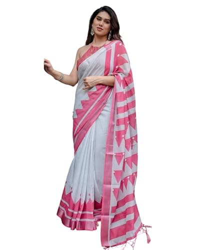 Kaugalian store Linen Cotton Geometric Printed White & Pink Saree For Women With Unstitched Blouse Piece