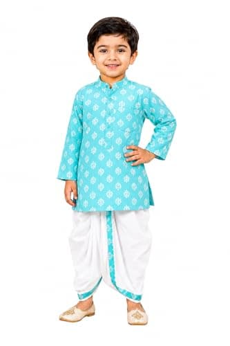 Nakh Boys Pure Cotton Dhoti Kurta Set | Traditional Ethnic Wear for Kids | Printed Kurta with Ready-to-Wear Dhoti (4-5Y)