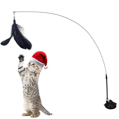 Qpets® Cat Toys for Persian Cat, Interactive Cats Teaser Wand Toys for Kitten with Bell & Feather, Sticky Suction Cup Base Elastic Stick Fun Indoor Pet Playing Accessories