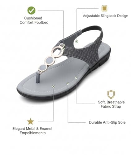 S PLUS S Fashion Women’s Grey Ethnic Flat Sandals | Stylish Toe-Ring Slip-On Flats with Golden Ring Ornament | Comfortable Casual, Party & Festive Footwear (Grey, UK Footwear Size System, Adult, Women 2
