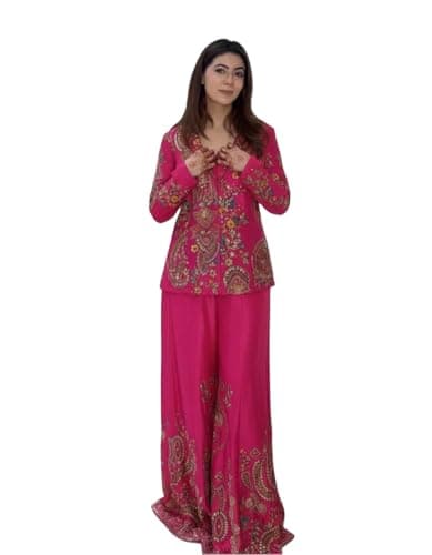 flysta Women Embroidered Jacket Palazzo Set Heavy Chinon Indo Western Ethnic Outfit (Rani Pink)