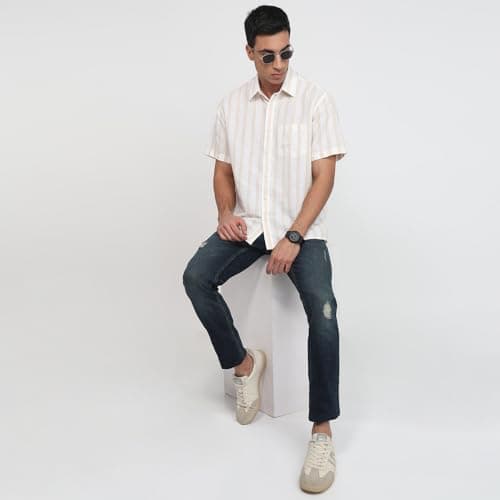 Colorplus Men Comfort Fit Stripe Pattern Linen Cotton Blend Plain Collar Half Sleeve Casual Shirt Yellow 5