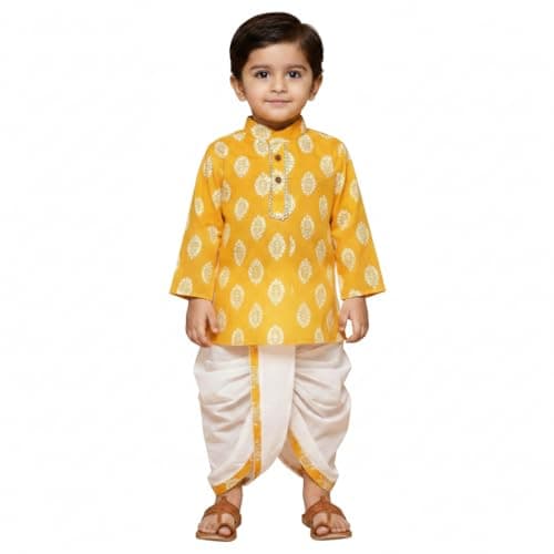 La Petite Baby Traditional Ethnic Wear Organic Cotton Soft and comfortable Dhoti Kurta Set | Diwali Dress for Baby | New Born Ethnic Wear (Yellow, 2-3 Years)