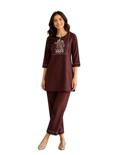 Women's Embroidered Straight Kurta & Pant Co-Ord Set (IN, Alpha, 3XL, Regular, BROWN)