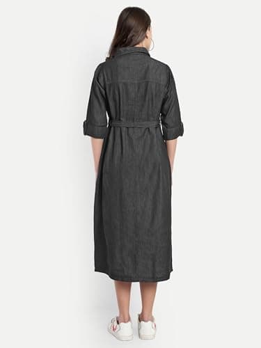 MAMMA'S MATERNITY Women's Cotton Denim Maternity Feeding Dress with Nursing Zippers Comfortable Breastfeeding Dress for Pregnancy Pre and Post Pregnancy Wear (Black, M) 4