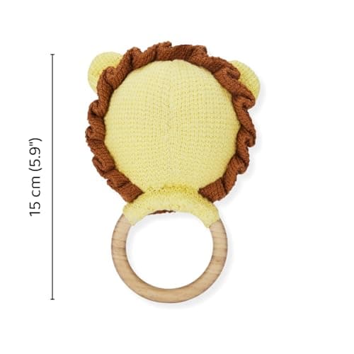 Haus & Kinder Leo Lion Baby Teether Toy for Newborn Baby, BPA Free 100% Cotton Knitted Soft Toy with Wooden Ring & Rattle, Sensory Chew Teether for Infants 0–24 Months 4