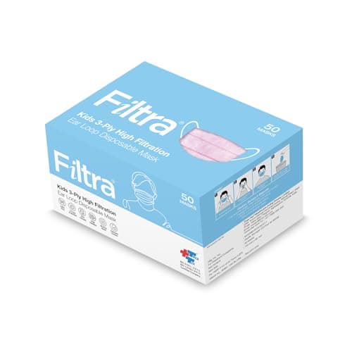 Filtra® 3-Ply Ear Loop Kids Mask | Ages 3-18 | Kids Mask | Children's Mask | Ladies Mask | High Filtration | New extra tough courier packing | Box of 50 Masks (Pink)