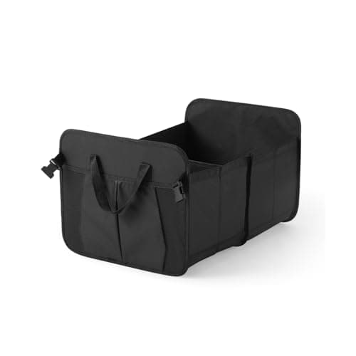 Amazon Basics Car Boot Organizer with 2 Large Compartments & 2 Pockets| Foldable 600D Oxford Storage Box with Securing Straps (Black, 60 x 37 x 31cm)