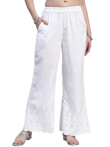 SHOPPING QUEEN Women's Cotton Embroidered Chikankari Palazzo (A685_White5_4XL)
