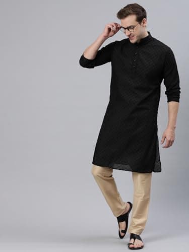 Majestic Man Polyester Mandarin Collar Ethnic Motifs Embroidered Long Regular Fit Kurta (Black, Large, Men) 4