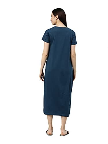 KRYPTIC Womens Teal Blue Printed Pure Cotton Maxi Nightdress(Teal Blue-L) 4