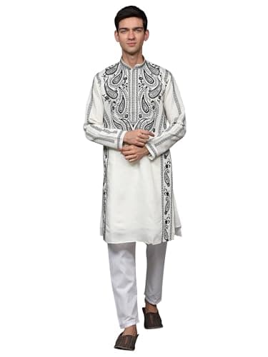 Exotic India Thread Embroidered Motif Art Silk Kurta with Cotton Pant Style Pajama | Ethnic Dress Kurta Pajama Combo Set for Men's