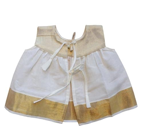 Picksparrow Newborn Baby Girl Traditional Dress/Kerala Kasavu Above The Knee Frock (0-3 Months) Offwhite 2