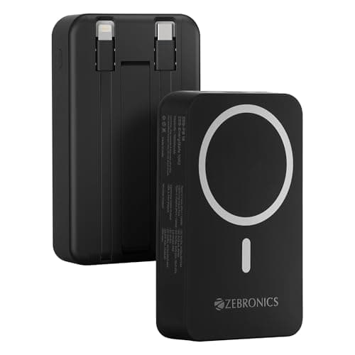 ZEBRONICS EnergiSafe 10R2 || 10000mAh MagSafe Wireless Power Bank | 15W Wireless & 22.5W PD (PPS) Fast Charging | Built-in Stand | Type-C & Lightning Cable | 5× Outputs | for iPhone & AirPods (Black)