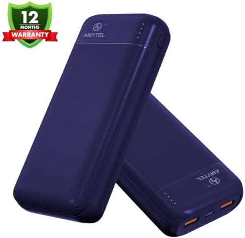AMYTEL Q7 30000mAh Power Bank with Dual USB Output, Fast Charging, Type-C & Micro Input, Portable Charger for Mobile, Tablet, Earbuds – Blue 2