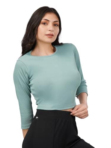 Plus Size Womens Tshirts Tops 3/4th Sleeve Crop Tops Slim Fit Gym Workout Top