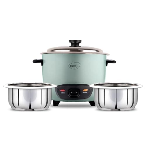 Pigeon Inox Rice Cooker with Double pot, 1.8 litres | Stainless Steel Lid | 700 Watts | 2 Steel Cooking Pot | Measuring Cup | Spatula | Energy Efficient Cooking