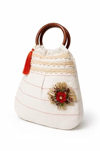 ATHZ Ivora Bloom Handcrafted Cotton Handbag for Women with Wooden Handle, Stylish Indo Fusion Day Bag, Lightweight Casual & Outing Purse with Tassel & Floral Detail (Off white, Red, Brown) 4