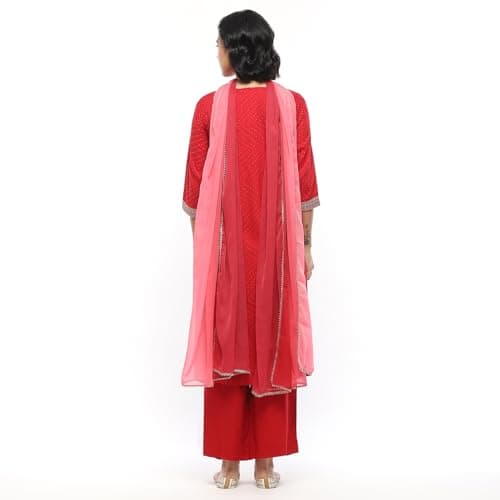 BIBA Women's Cherry Red Rayon Straight Suit Set_40 4