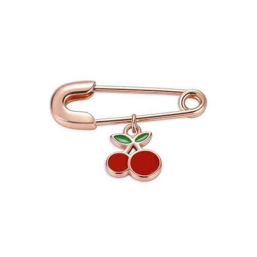 TOUCH925 Fine 925 Silver Rose Gold Cherry Charm Jewellery | Silver Safety Pin Nazariya for Kids | Red Enamel Cherry Charm |Nazar Suraksha Pin | Gift for Kids Boys Girls | With Certificate of Authentic