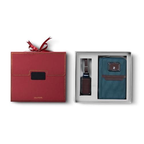 scarters Traveller's Trope | Gift Set of 2 – Passport Zip Wallet + Metal Luggage Tag | Travel Organiser for Cards & Currency | Vegan Leather | Gift for Travellers & Corporate (Deep Blue) 2