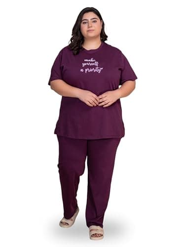 TITTLI Women Plus Size Pure Cotton Typography Printed Nightsuit Set | T-Shirt and Pyjama Nightwear | Soft Cotton Sleepwear with Pockets | Lounge Wear for Women | L to 8XL Wine