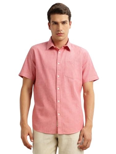 Thomas Scott Men's Premium Slim Fit Casual Shirt | Cotton Linen Blend | Short Sleeves | Spread Collar | Solid Pattern (TS1351_Red_M)