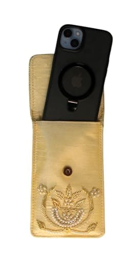 Exclusive Mobile Pouch Zardozi Hand Embroidery With Waist Clip Hook & Sling Chain (removable) | Ladies Women’s Handbag Wallet Sling Purse | Party Wedding Festival Giveaways Gift | (Gold) 4