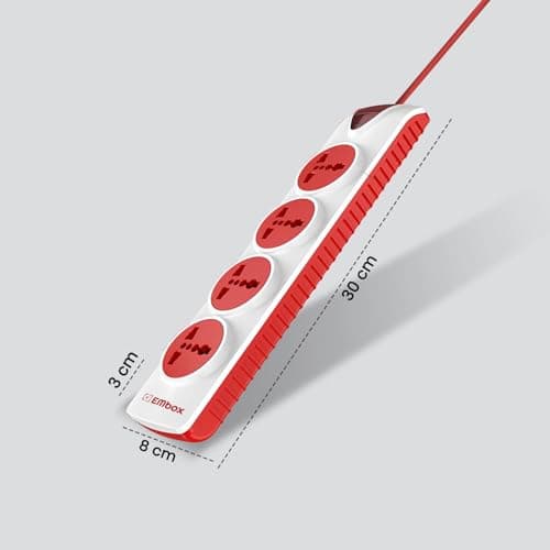 EMBOX Extension Board with Switches 1500 W, 4 Universal Sockets, Master Switch, Safety Shutter, 6 amp Spike Guard, LED Indicator and Safety Shutter, 2 Meter Extension Cord 4