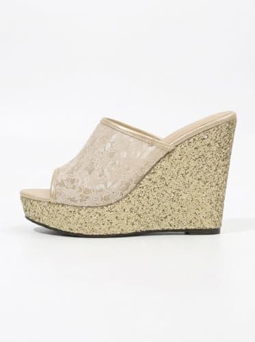Uunda Fashion Women Gold Glitter Wedge Heel Sandals Lace Strap Open Toe Slip On Platform Party Use Fashion Heels for Wedding Evening Ethnic Use WD-5190-V3_37 2