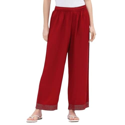 Biba Women Red Viscose Rayon Solid Straight Palazzo_M
