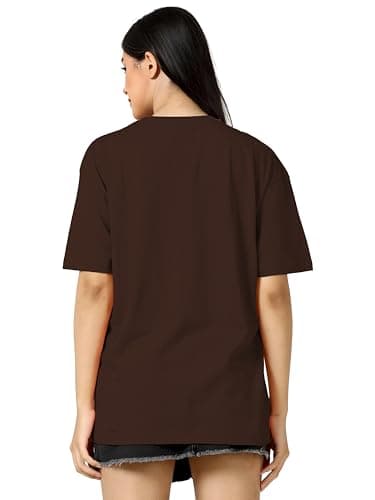 TQH Round Neck Drop Shoulder Brown Graphic Printed Cotton Blend Oversized T-Shirt for Women 3