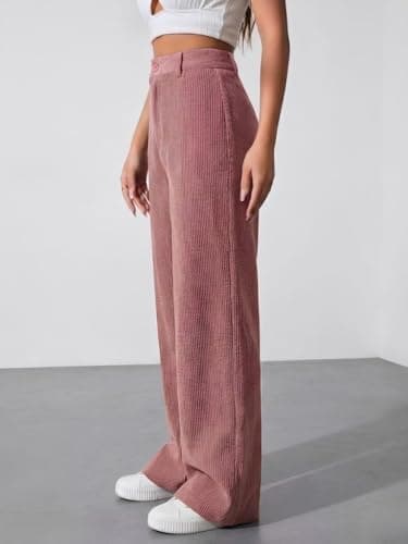 SMOWKLY Women's Corduroy Mid Rise Wide Leg Sweatpant with Pocket || Loose & Relaxed Fit Casual Korean Baggy Trousers for Woman Elegant Workwear for Office, College & Events(1678_PCH_XL/1678_BRN_XL) 5