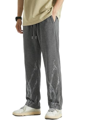 Men's Printed Sweatpants, Drawstring Waist, Straight Leg, Casual Street Style (in, Alpha, M, Regular, Grey)