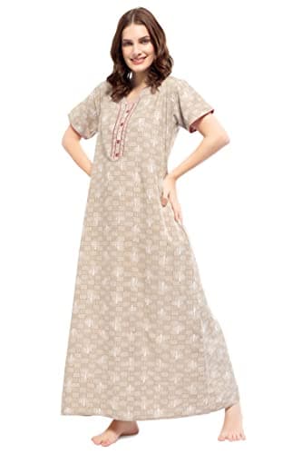 ZEYO Women Polyester Maxi Beige Leaf Printed Nighty Night Gown 5684, Medium 4