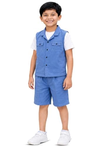3BROS Kids Cotton Shirt Shorts Set for Boys Kids Clothing/Boys Clothing Set (Party/Festive) Wear (Blue, 7-8 Years)