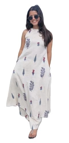 Klosia Women Pure Cotton Kurta Palazzo Set | Sleeveless Printed Kurta with Palazzo Pants | Summer Friendly, Office Wear Co-Ord Set