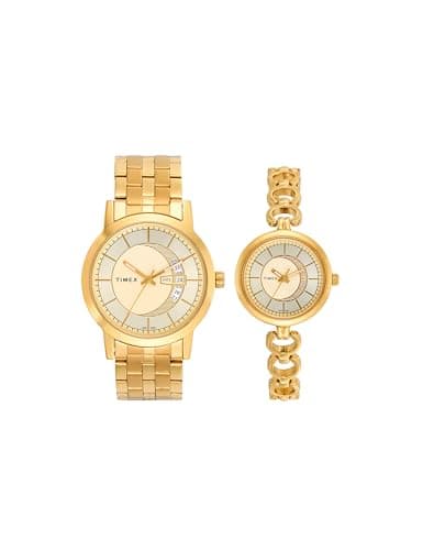 TIMEX Classics Analog Watch for Unisex with Champagne Round Dial & Gold Stainless Steel Bracelet Band Water Resistant Unisex Wrist Watches - TW00PR229