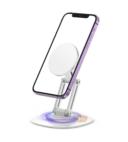 FUEL CO Magnetic Desk Phone Stand Aluminium Phone Holder 360 Degree Rotation Base Foldable Adjustable Mobile Compatible Magsafes iPhone 17 16 15 14 13 12 Pro Max Mini with 2 Magnet Rings (White)