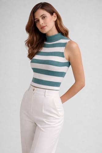LASOON Women’s Striped Sleeveless Mock Neck Crop Top – Ribbed Knit Slim Fit Tank, Casual Summer Shirt 3