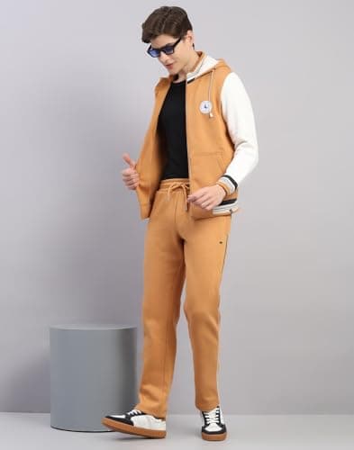 Monte Carlo Men's Regular Fit Solid Hooded Full Sleeve Tracksuit| Men Track Suit | Stylish Sportswear Set with Jacket and Lower | Activewear Set For Men's Camel Brown 3XL 5