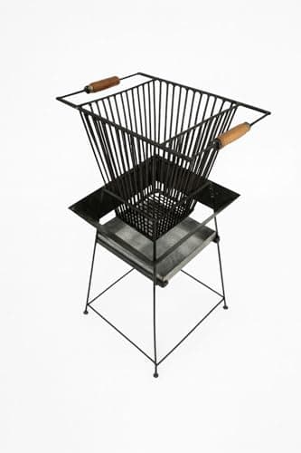 Outdoor Metal Fire Pit Basket, Square, Black, Powder Coated, Wood/Charcoal Fuel, Modern Industrial, with Wooden Handles, for Patio, Garden, Camping (33.4LX54.8BX91.4H) Cm