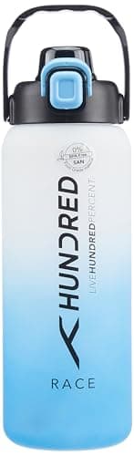 Hundred Race 1 Litre Water Bottle | 1000ml / 34oz | BPA Free | One Key Open Safety Lock | Spill and Leak Proof Sports, Travel, Gym Bottle (White/Blue)