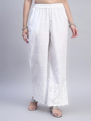SHOPPING QUEEN Women's Cotton Embroidered Chikankari Palazzo (A685_White5_4XL) 5