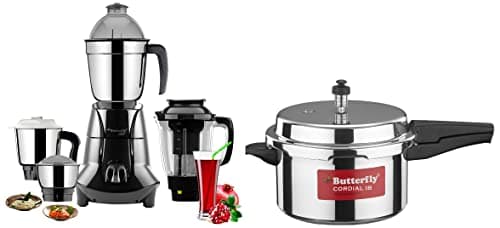 Butterfly Jet Elite Mixer Grinder, 750W, 4 Jars (Grey) & Cordial Induction Base Aluminium Pressure Cooker with Outer Lid, 5 Litres, Silver