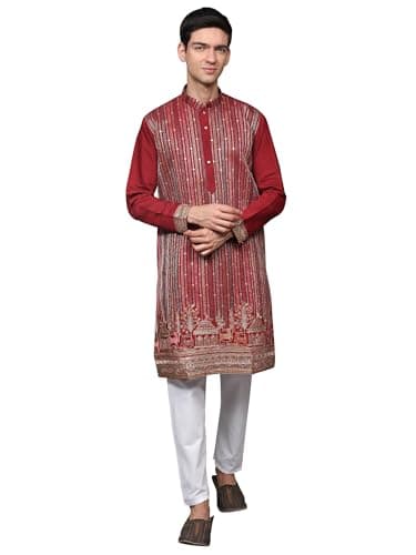 Exotic India Embroidered Stripes and Sequins work Art Silk Kurta with Cotton Pajama Pant Style | Ethnic Designer Kurta Pajama Set for Men