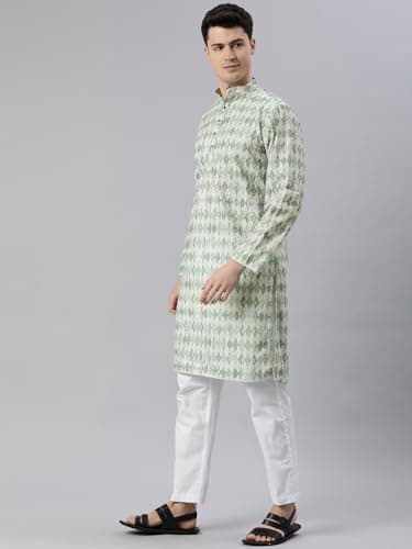Majestic Man Men Cotton Blend Ethnic Motifs Embroidered Chikankari Regular Kurta (Green, Small) 3